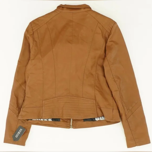 NWT Guess Women's Faux Leather Moto Jacket in Cognac Brown Size XL - Picture 3 of 9